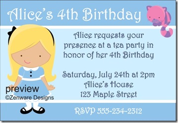 Alice's Tea Party Invitations, Alice in Wonderland Birthday