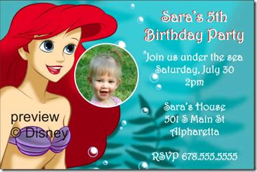 Custom Party Invitations on Ariel   Birthday Party Invitations Fast  Custom Photo Invitations